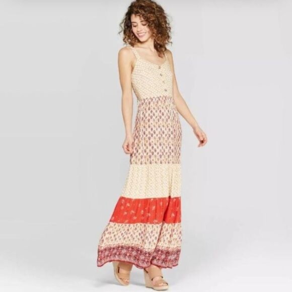Xhilaration Beige & Red Floral Boho Maxi Dress XL Adjustable Straps Sleeveless - Picture 1 of 7
